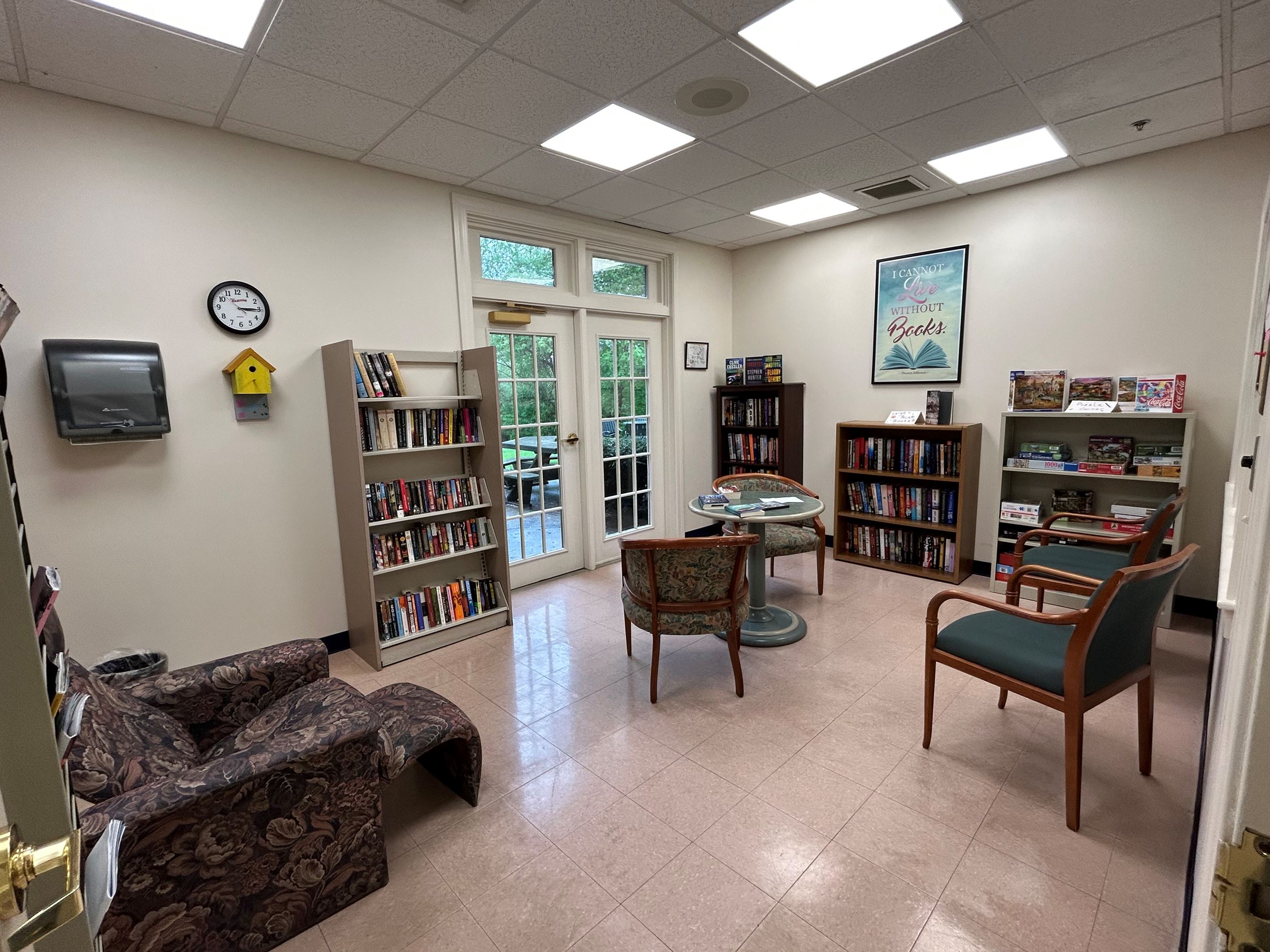 The Book Nook is a quiet place to read, and serves as a free lending library for books and puzzles.