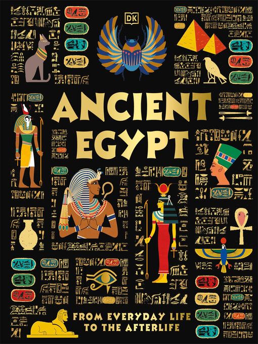 Ancient Egypt book cover with black background gold letters and hieroglyphics and stylized mummies 