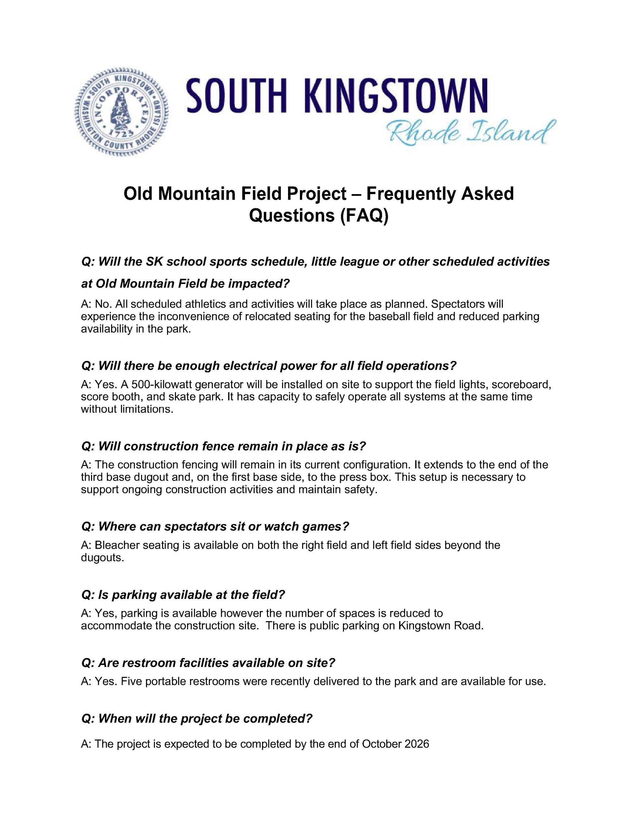 Old Mountain Field Project FAQ sheet